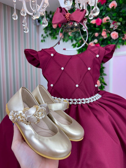 Vestido Infantil Marsala em Cetim com Saia Rodada para Festa de Aniversário