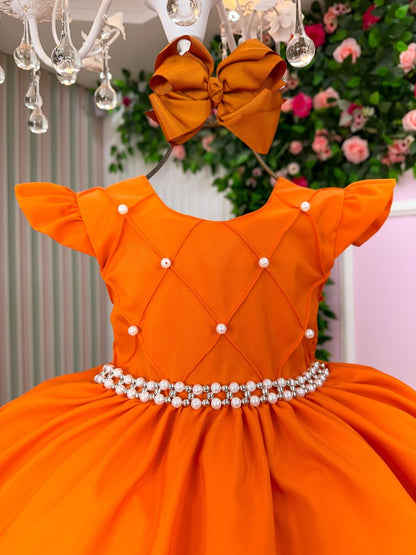 Vestido Infantil Terracota em Tecido Misto com Saia Rodada para Festa de Aniversário