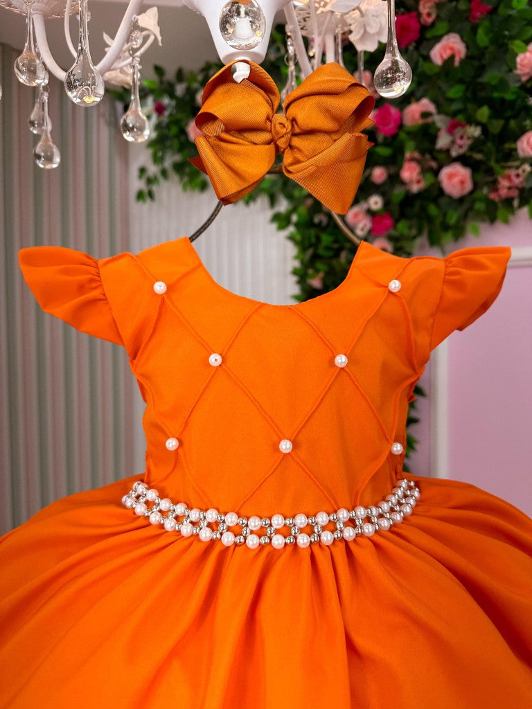 Vestido Infantil Terracota em Tecido Misto com Saia Rodada para Festa de Aniversário
