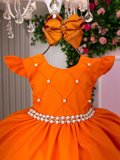 Vestido Infantil Terracota em Tecido Misto com Saia Rodada para Festa de Aniversário