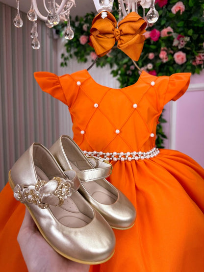 Vestido Infantil Terracota em Tecido Misto com Saia Rodada para Festa de Aniversário