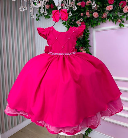 Vestido Infantil Rosa em Material Premium com Brilho Luxuoso para Festas