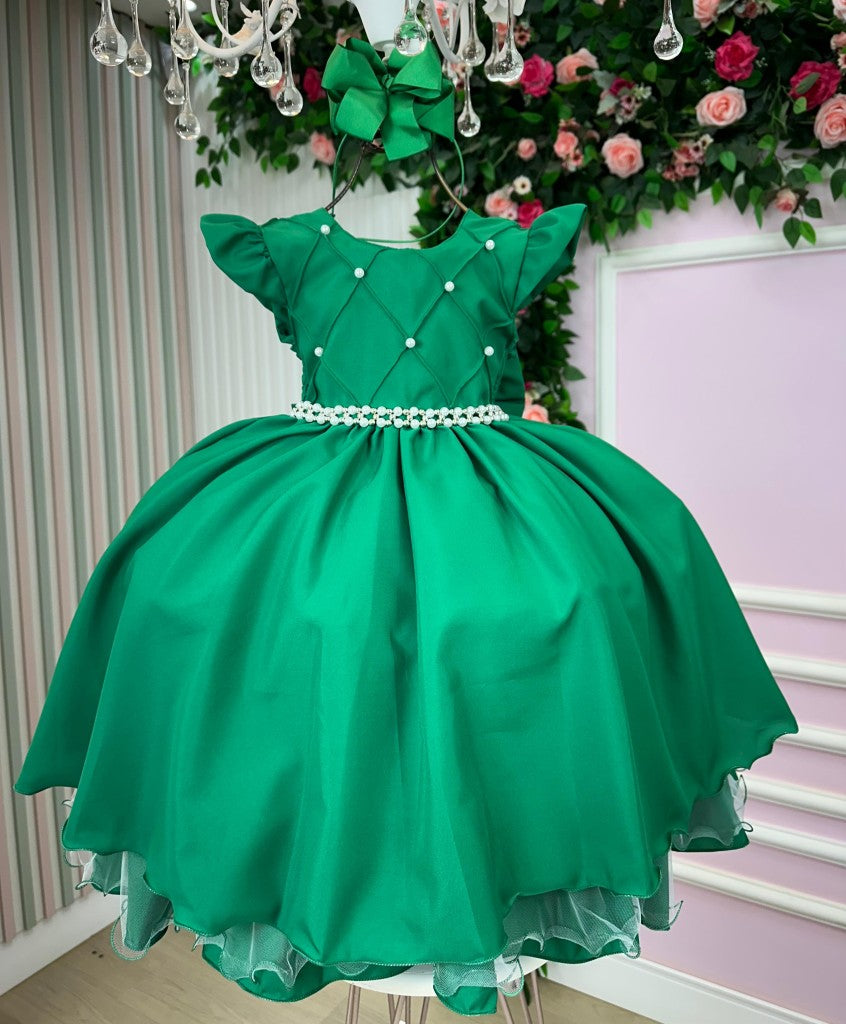 Vestido Infantil Verde Bandeira em Cetim com Saia Rodada para Festa de Aniversário