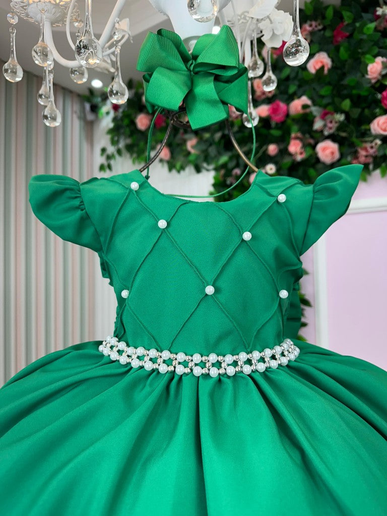 Vestido Infantil Verde Bandeira em Cetim com Saia Rodada para Festa de Aniversário