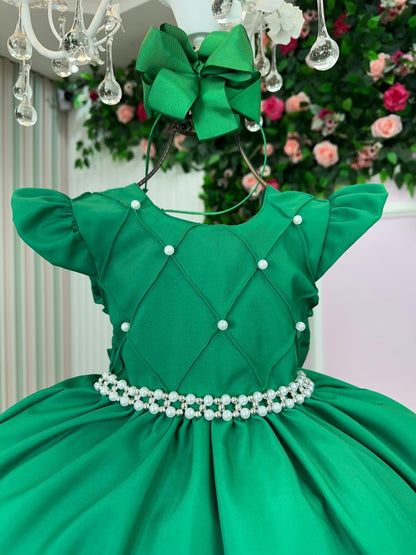 Vestido Infantil Verde Bandeira em Cetim com Saia Rodada para Festa de Aniversário