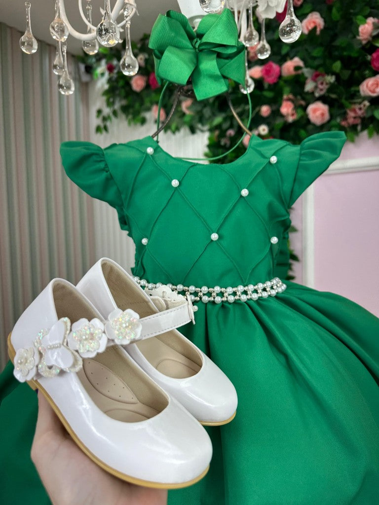 Vestido Infantil Verde Bandeira em Cetim com Saia Rodada para Festa de Aniversário