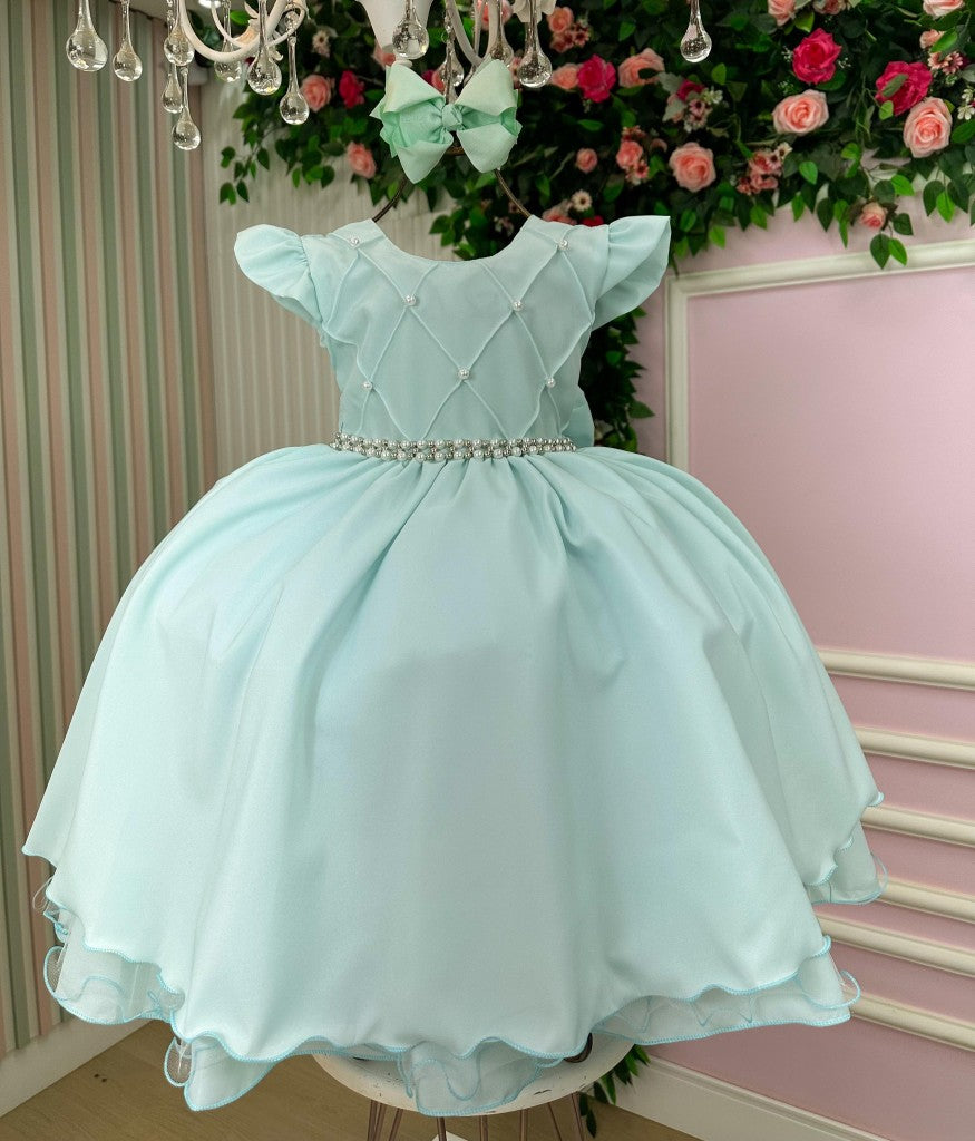 Vestido Infantil Verde Claro em Tecido Misto com Laço Elegante para Festa de Aniversário
