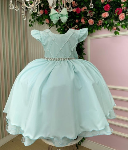 Vestido Infantil Verde Claro em Tecido Misto com Laço Elegante para Festa de Aniversário