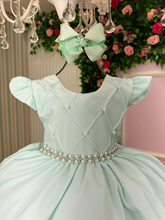Vestido Infantil Verde Claro em Tecido Misto com Laço Elegante para Festa de Aniversário