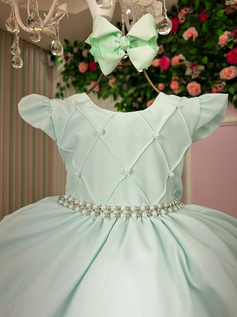 Vestido Infantil Verde Claro em Tecido Misto com Laço Elegante para Festa de Aniversário