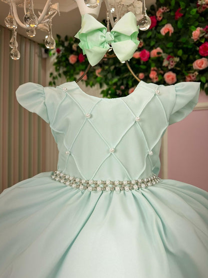 Vestido Infantil Verde Claro em Tecido Misto com Laço Elegante para Festa de Aniversário