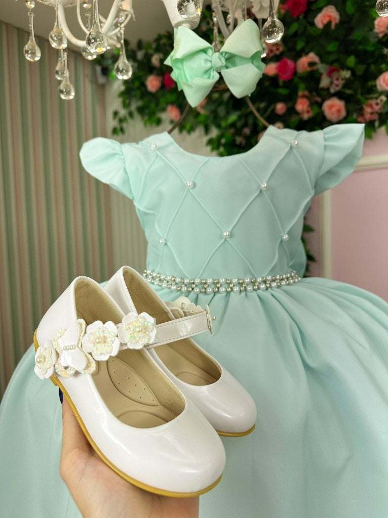Vestido Infantil Verde Claro em Tecido Misto com Laço Elegante para Festa de Aniversário