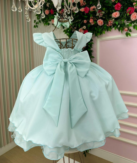 Vestido Infantil Verde Claro em Tecido Misto com Laço Elegante para Festa de Aniversário