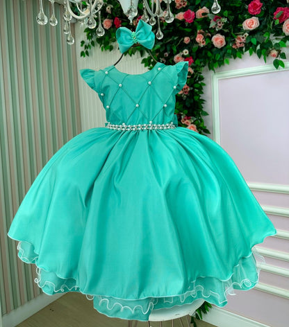 Vestido Infantil Verde Menta em Tecido Premium com Saia Rodada para Festa de Aniversário