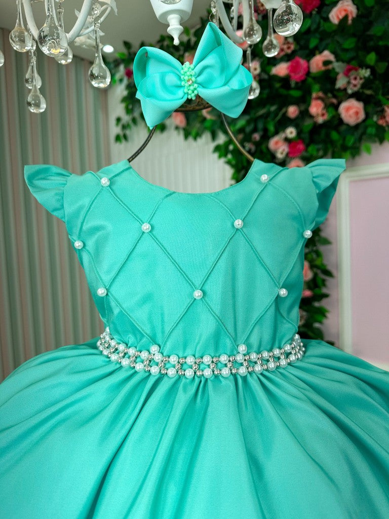 Vestido Infantil Verde Menta em Tecido Premium com Saia Rodada para Festa de Aniversário