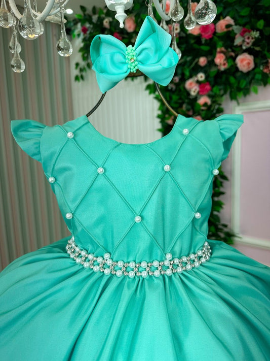 Vestido Infantil Verde Menta em Tecido Premium com Saia Rodada para Festa de Aniversário