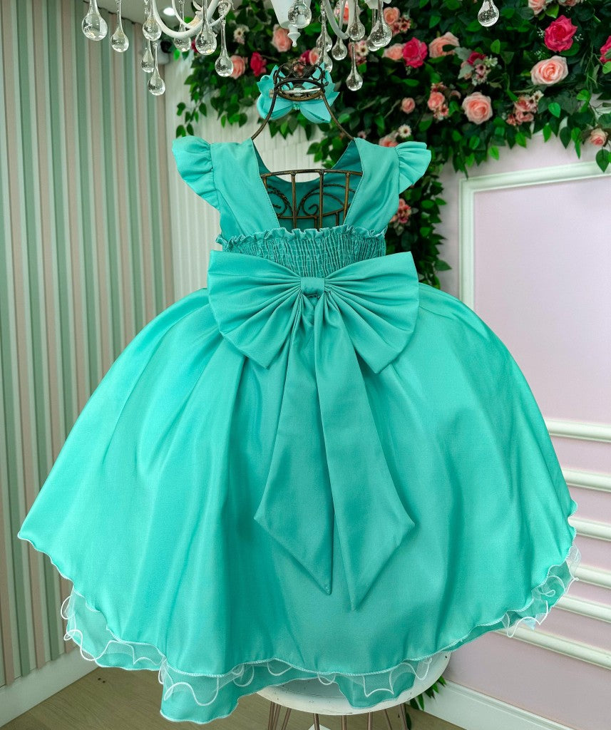 Vestido Infantil Verde Menta em Tecido Premium com Saia Rodada para Festa de Aniversário