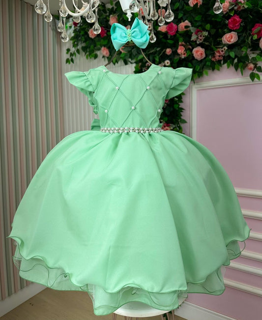 Vestido Infantil Verde Oliva em Tecido Misto com Saia Rodada para Daminhas