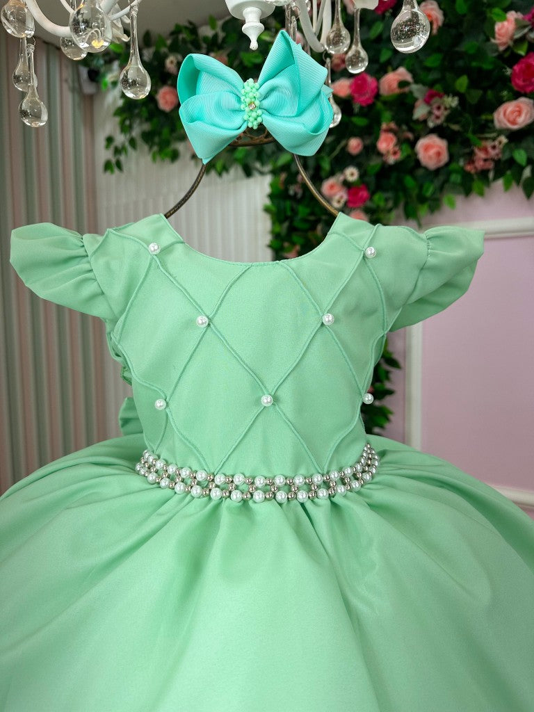 Vestido Infantil Verde Oliva em Tecido Misto com Saia Rodada para Daminhas
