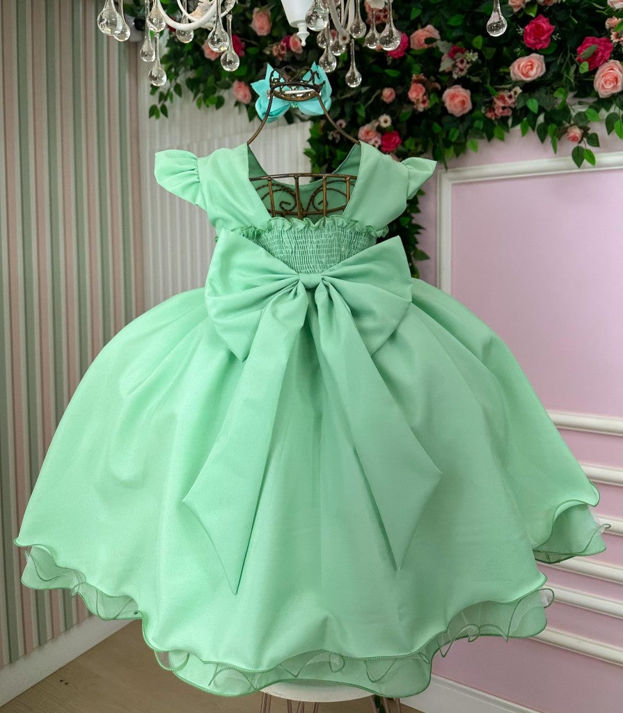 Vestido Infantil Verde Oliva em Tecido Misto com Saia Rodada para Daminhas
