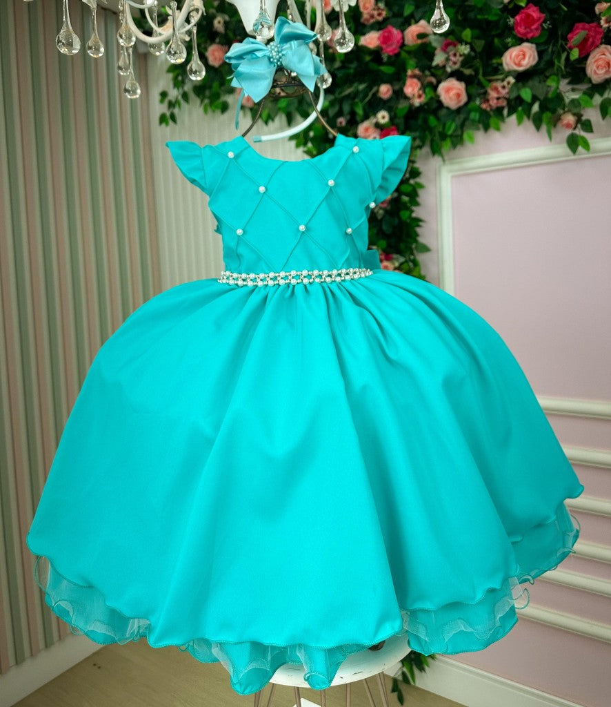 Vestido Infantil Verde Tiffany em Cetim com Saia Rodada para Festa de Aniversário