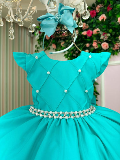 Vestido Infantil Verde Tiffany em Cetim com Saia Rodada para Festa de Aniversário