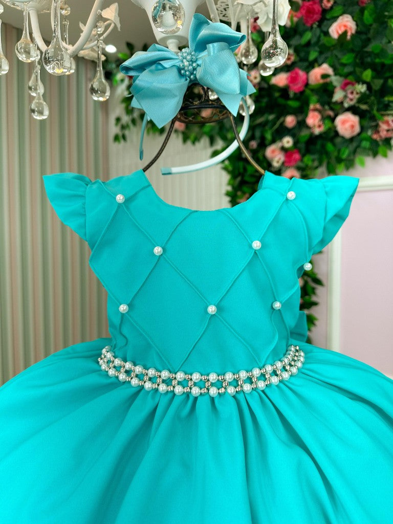 Vestido Infantil Verde Tiffany em Cetim com Saia Rodada para Festa de Aniversário