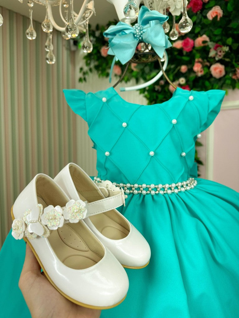 Vestido Infantil Verde Tiffany em Cetim com Saia Rodada para Festa de Aniversário