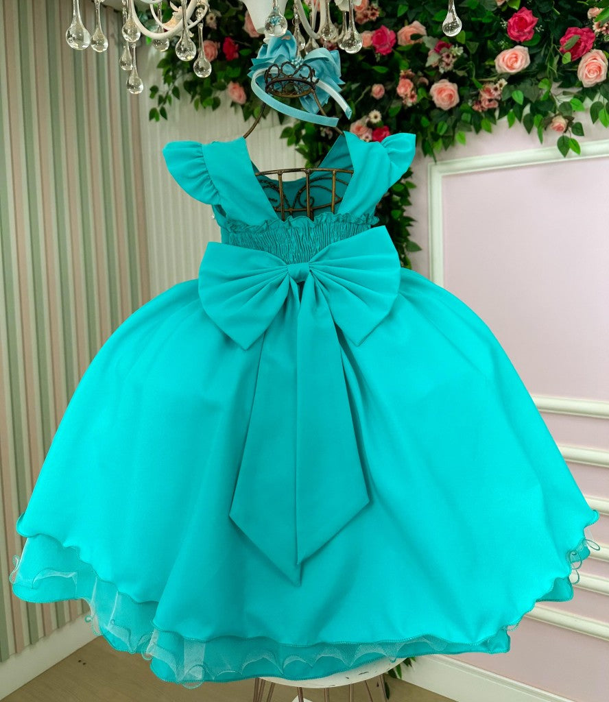 Vestido Infantil Verde Tiffany em Cetim com Saia Rodada para Festa de Aniversário