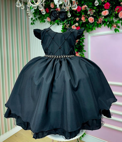 Vestido Infantil Preto em Poliéster com Saia Rodada para Festa de Aniversário