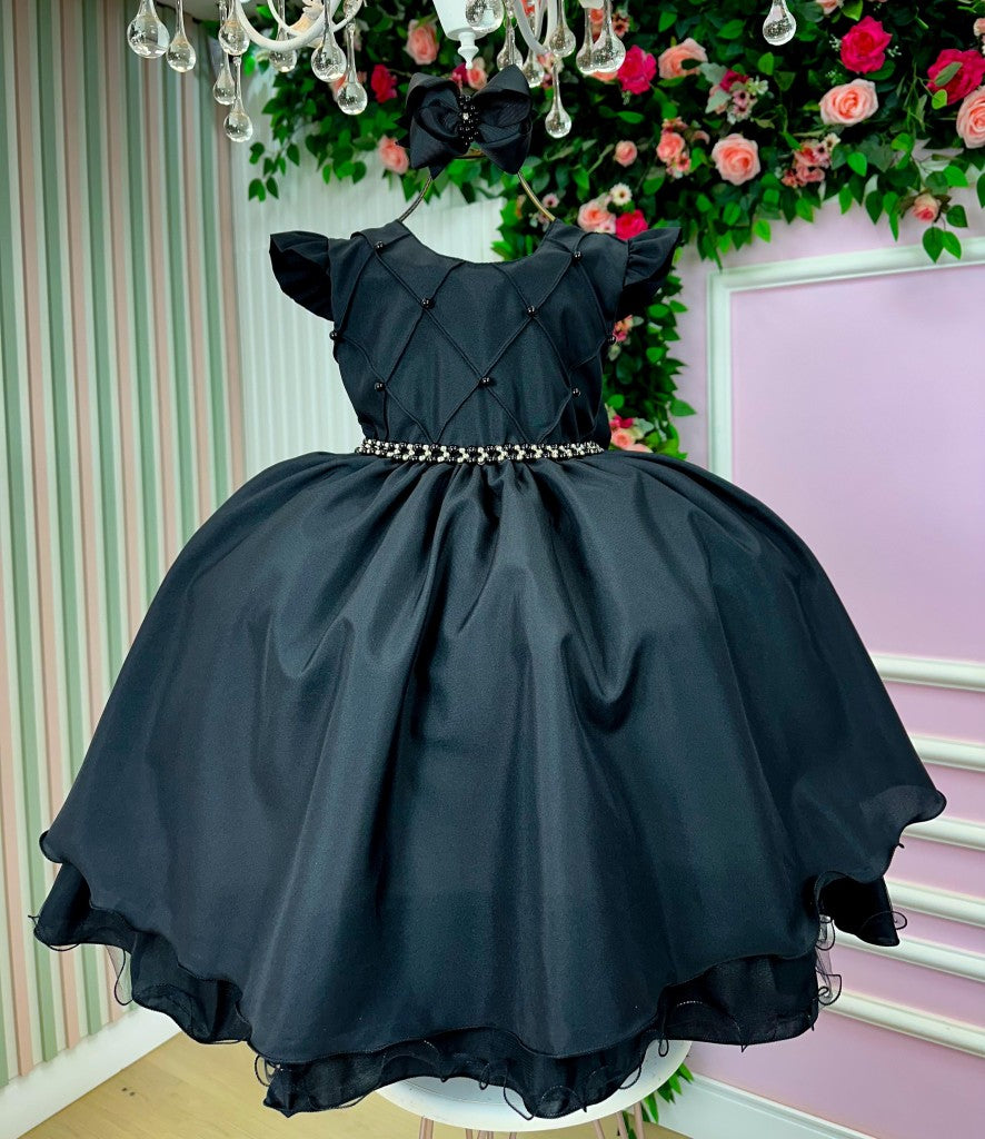 Vestido Infantil Preto em Poliéster com Saia Rodada para Festa de Aniversário