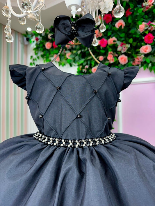 Vestido Infantil Preto em Poliéster com Saia Rodada para Festa de Aniversário