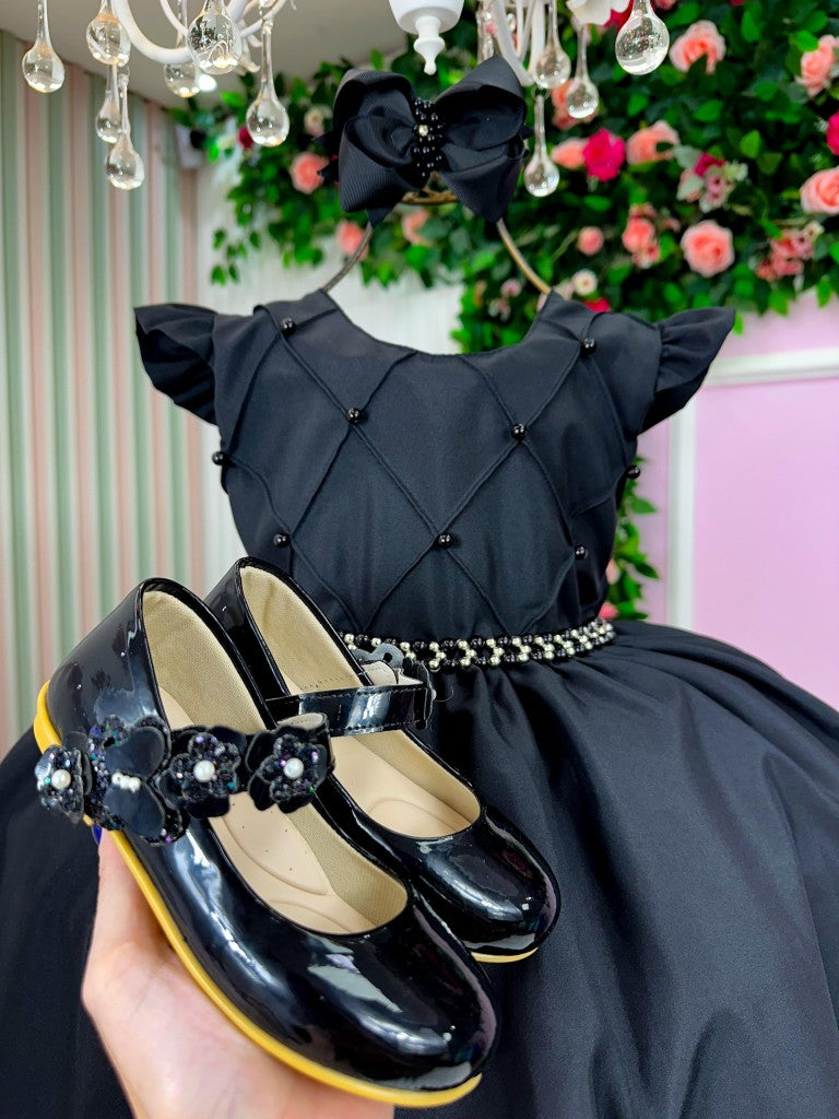 Vestido Infantil Preto em Poliéster com Saia Rodada para Festa de Aniversário