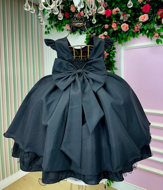 Vestido Infantil Preto em Poliéster com Saia Rodada para Festa de Aniversário