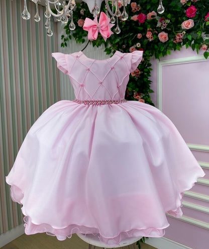 Vestido Infantil Rosa Bebê em Tecido Misto com Laço Elegante para Festa de Aniversário