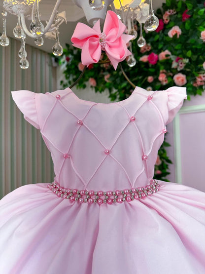 Vestido Infantil Rosa Bebê em Tecido Misto com Laço Elegante para Festa de Aniversário