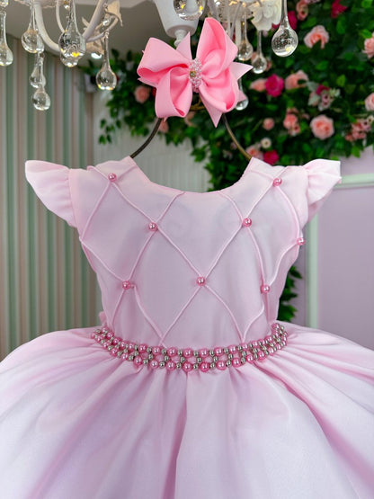 Vestido Infantil Rosa Bebê em Tecido Misto com Laço Elegante para Festa de Aniversário