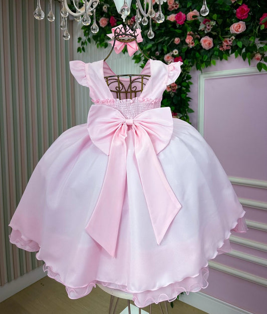 Vestido Infantil Rosa Bebê em Tecido Misto com Laço Elegante para Festa de Aniversário