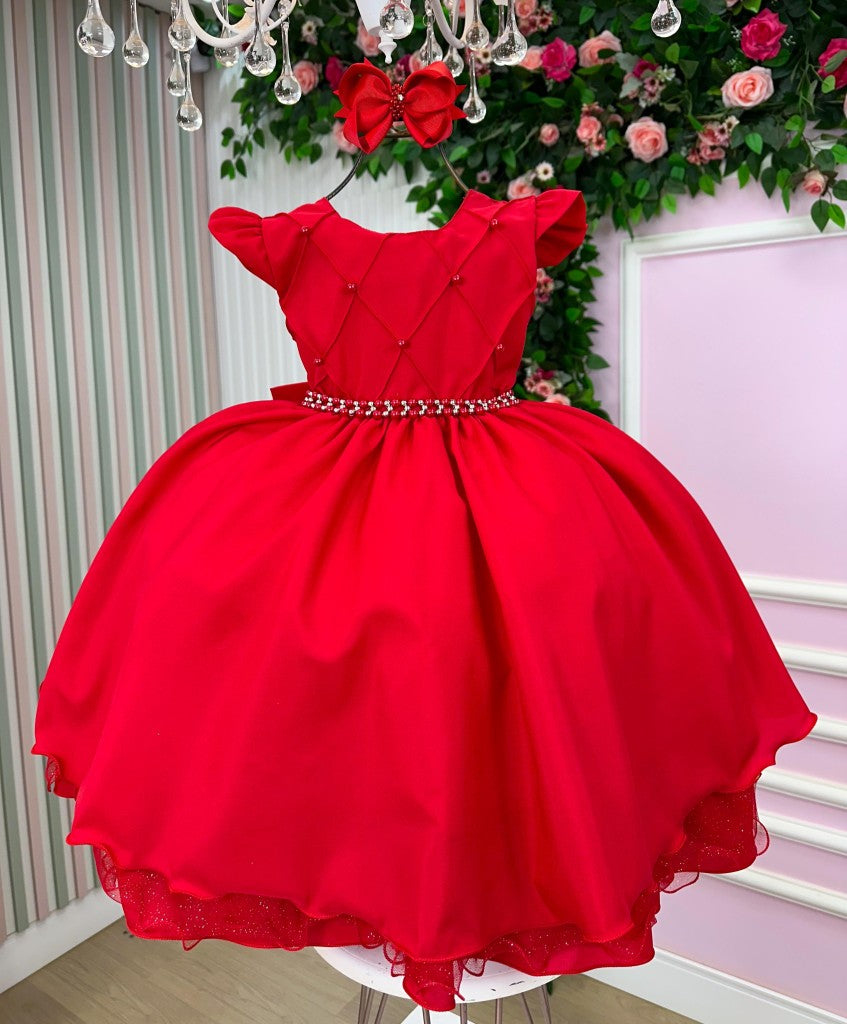 Vestido Infantil Vermelho em Tecido Misto com Saia Rodada para Festa de Aniversário