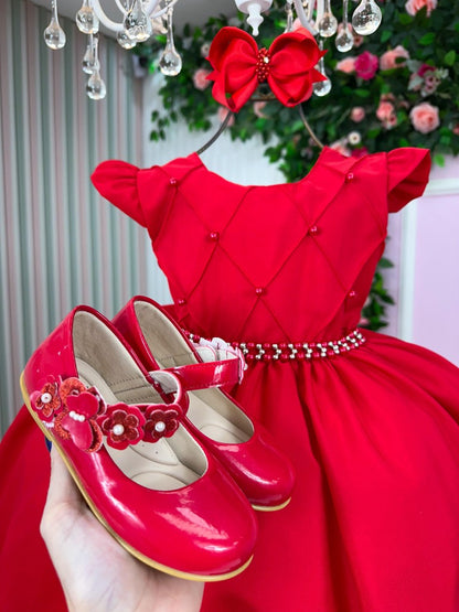 Vestido Infantil Vermelho em Tecido Misto com Saia Rodada para Festa de Aniversário