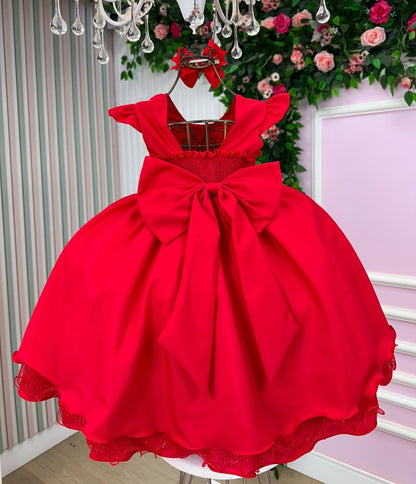 Vestido Infantil Vermelho em Tecido Misto com Saia Rodada para Festa de Aniversário