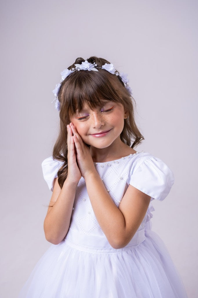 Vestido Infantil Branco em Tecido Misto com Saia Rodada para Daminhas