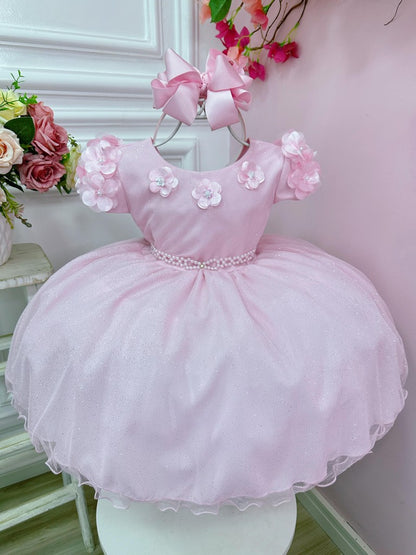 Vestido Infantil Rosa Claro em Tule com Apliques de Flores Saia Rodada para Daminhas