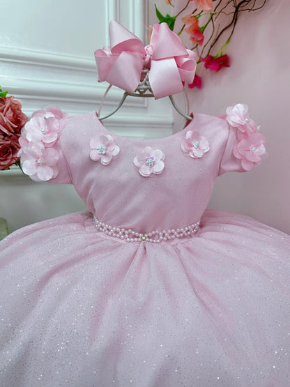 Vestido Infantil Rosa Claro em Tule com Apliques de Flores Saia Rodada para Daminhas