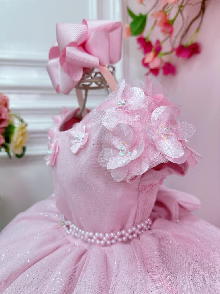 Vestido Infantil Rosa Claro em Tule com Apliques de Flores Saia Rodada para Daminhas