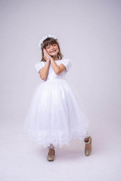 Vestido Infantil Branco em Tule com Babadinho e Renda Delicada para Daminhas