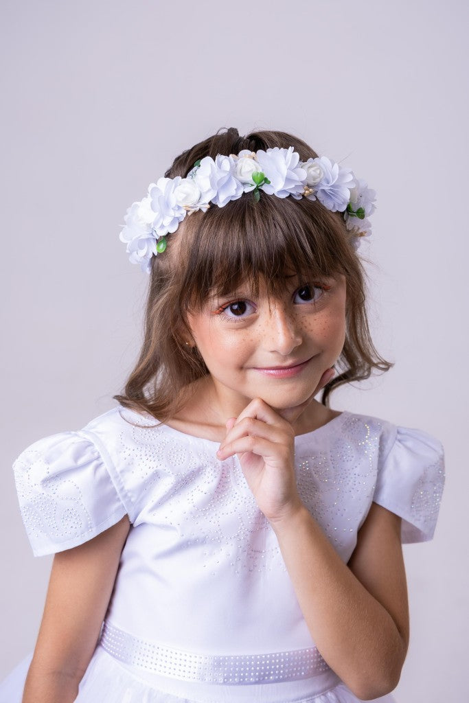 Vestido Infantil Branco em Tule com Babadinho e Renda Delicada para Daminhas