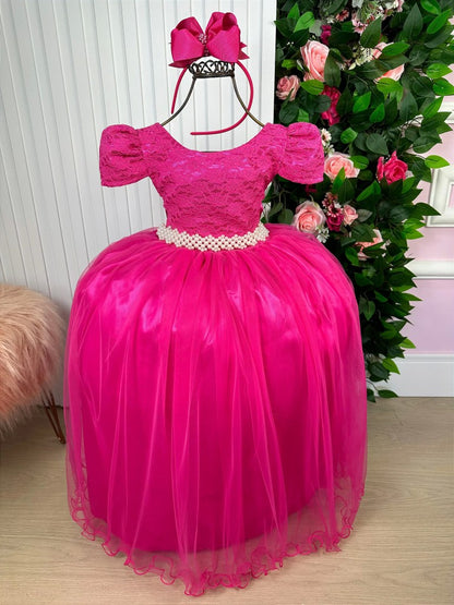 Vestido Infantil Pink em Renda com Saia Rodada e Laço nas Costas para Festa de Aniversário