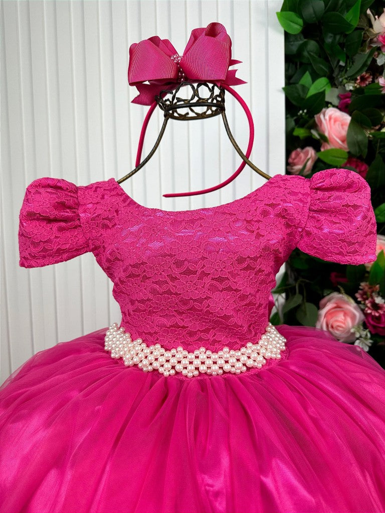 Vestido Infantil Pink em Renda com Saia Rodada e Laço nas Costas para Festa de Aniversário
