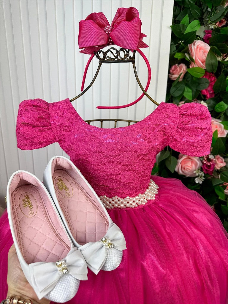 Vestido Infantil Pink em Renda com Saia Rodada e Laço nas Costas para Festa de Aniversário
